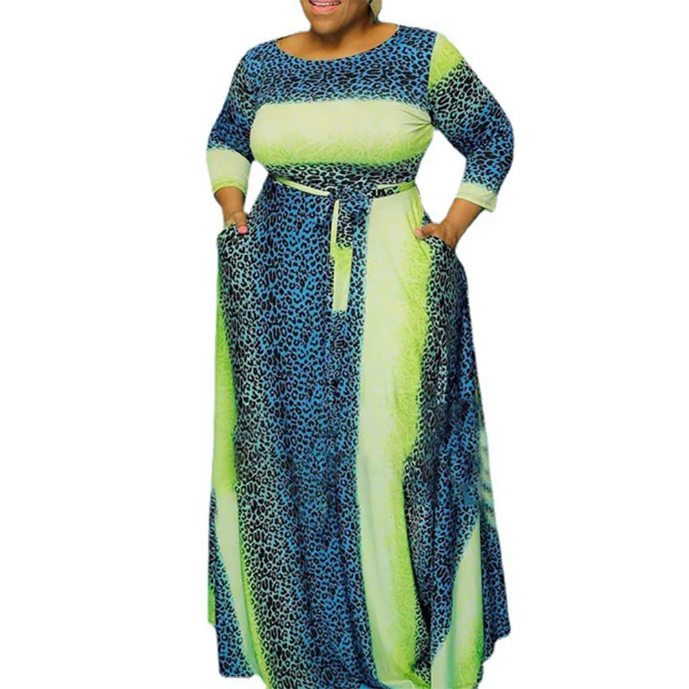 

Dress Autumn New 2021 Plus Size Dresses Fashion Leopard Printing Round Neck High Waist Long Sleeve African Loose Casual