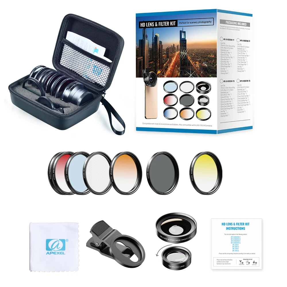 

APEXEL 7 in 1 lens kit 0.45x wide+52mm UV Grad Blue Red Color Filters+CPL ND+Star Filters for Nikon Canon EOS iPhone all phones