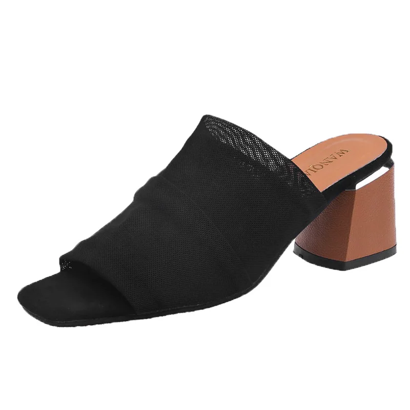 

Med Shoes Big Size Slippers Women Summer Slides Low Peep Toe Square heel Pantofle Block 2021 Basic Hoof Heels PU Rubber Rome