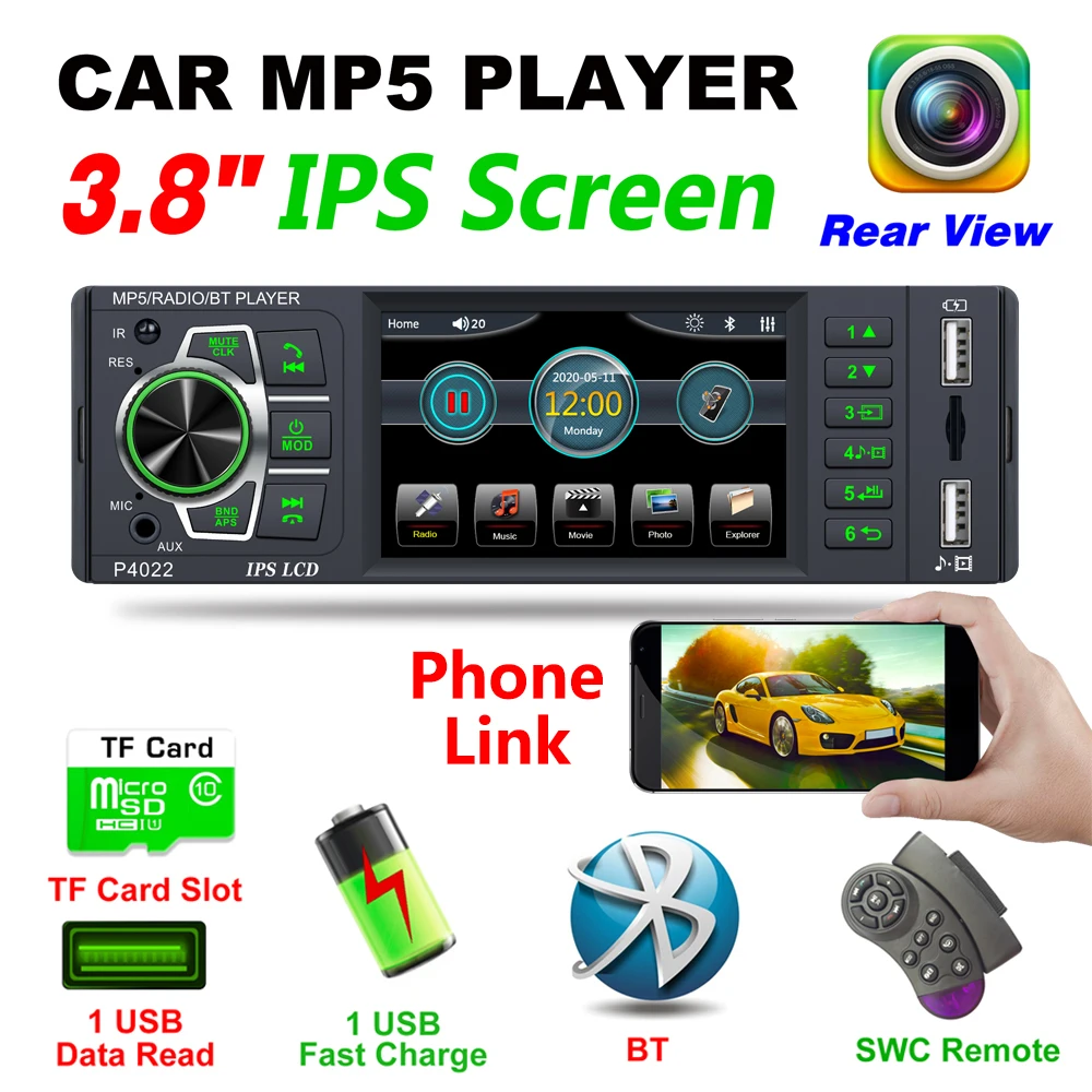 

P4022 Новый 3,8 дюймовый IPS экран Bluetooth AUX 4*50 Вт RMVB/AVI медиаплеер FM Радио MP3 WMA MP4 MP5 приемник для телефона Быстрая зарядка