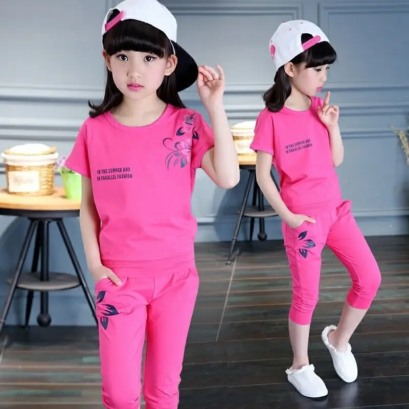 

Kids Girls Clothing Sets 2020 Summer Children Short Sleeve T-shirt & pants two-piece Teenage Girls Clothes suit Outfits 4-14Y
