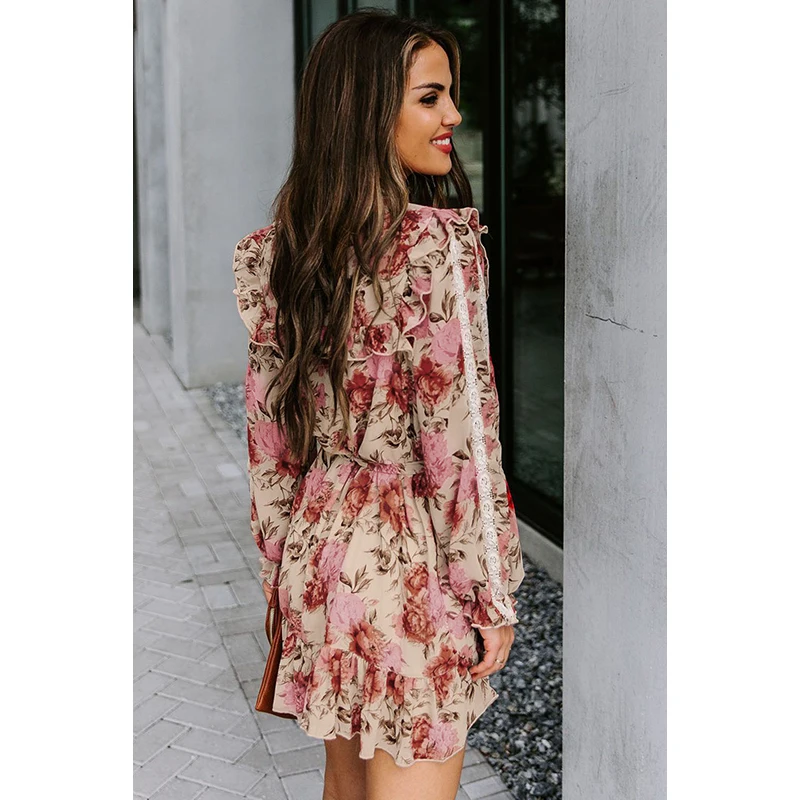 

2021 Long Sleeve Ruffled Floral Mini Dress With Waist Tie Round Neck Woman Vestido De Mujer Kobieta Sukienka Dresses XL