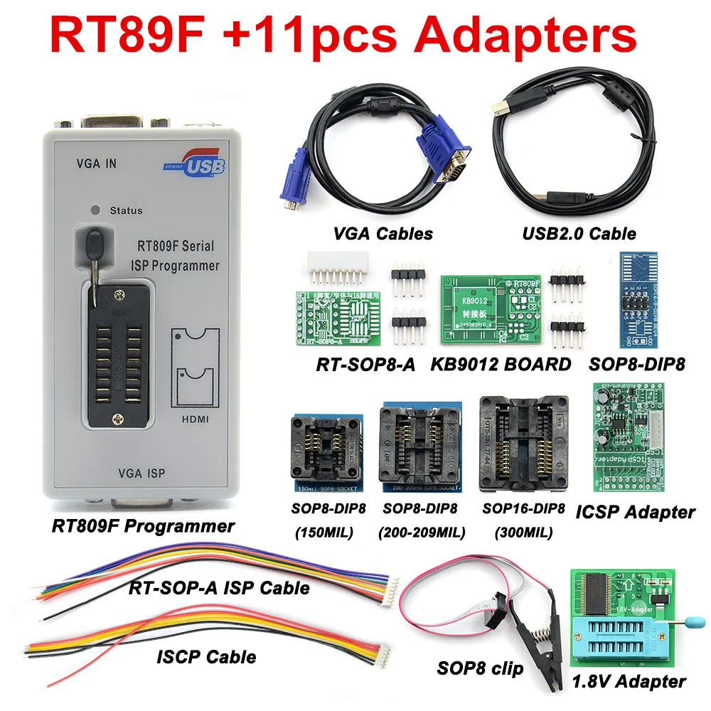 Оригинальный RT809F программист + 11 Адаптеры sop8 IC зажим 1 8 V / SOP8 адаптера VGA ЖК-дисплей