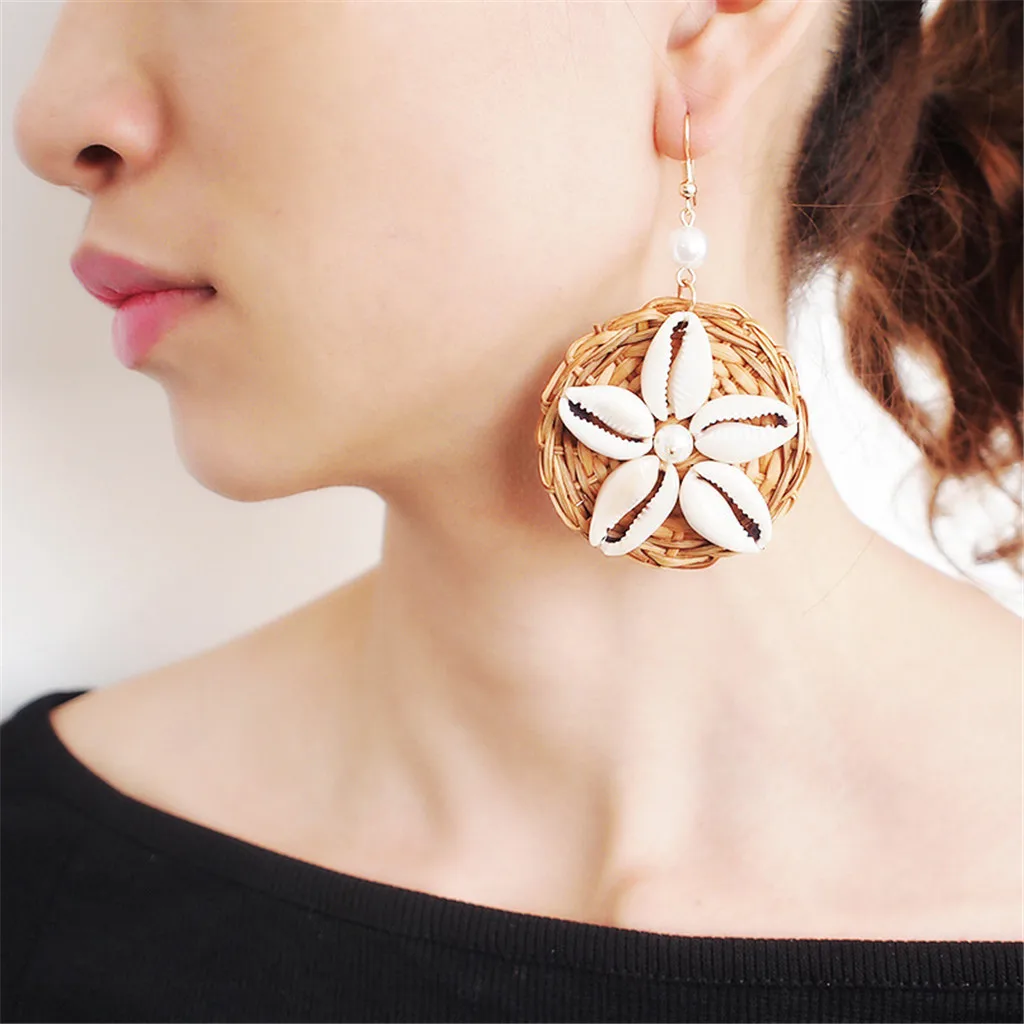 Плетеные серьги из бамбука ручная работа круглая раковина ротанга массивные