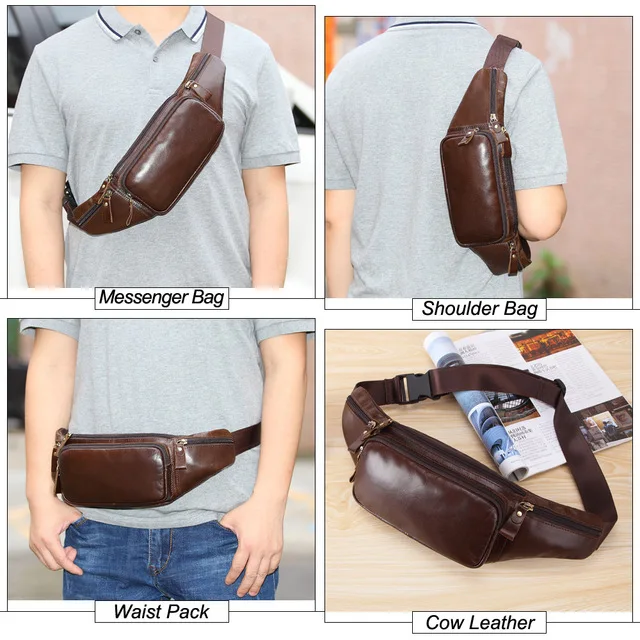 

New men's trend leather multi-function sports pockets Korean version of outdoor leisure running mountaineering bags