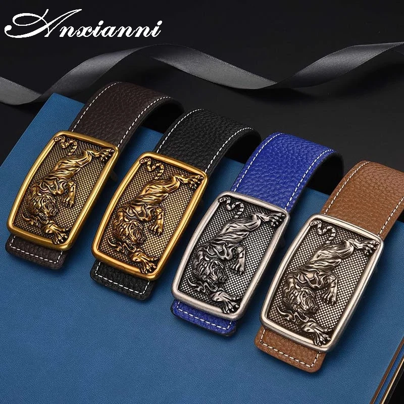 Genuine leather cinturones Wild personality Men's belt tiger head pattern metal buckle belt cowboy style belt gift
