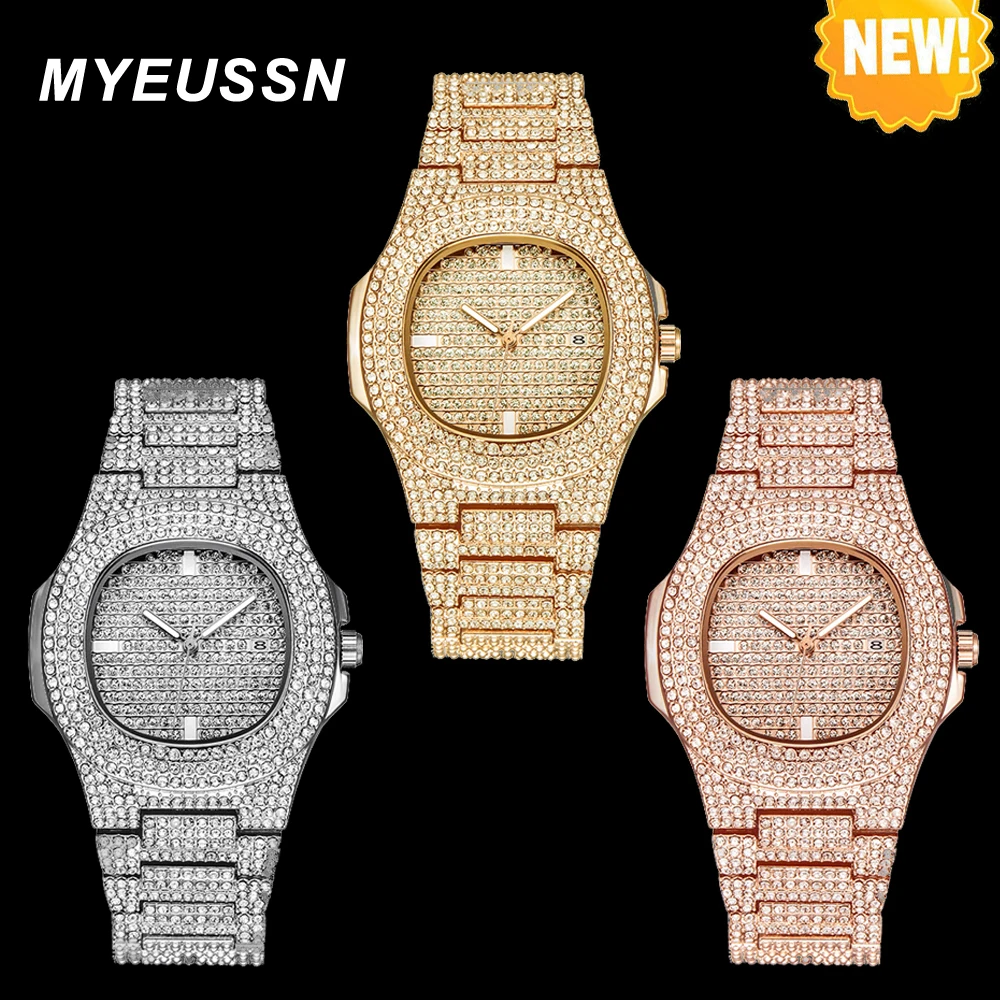 

Часы наручные мужские кварцевые, роскошные брендовые водонепроницаемые полностью со стразами, в стиле хип-хоп, с фианитом AAA, подарок для му...