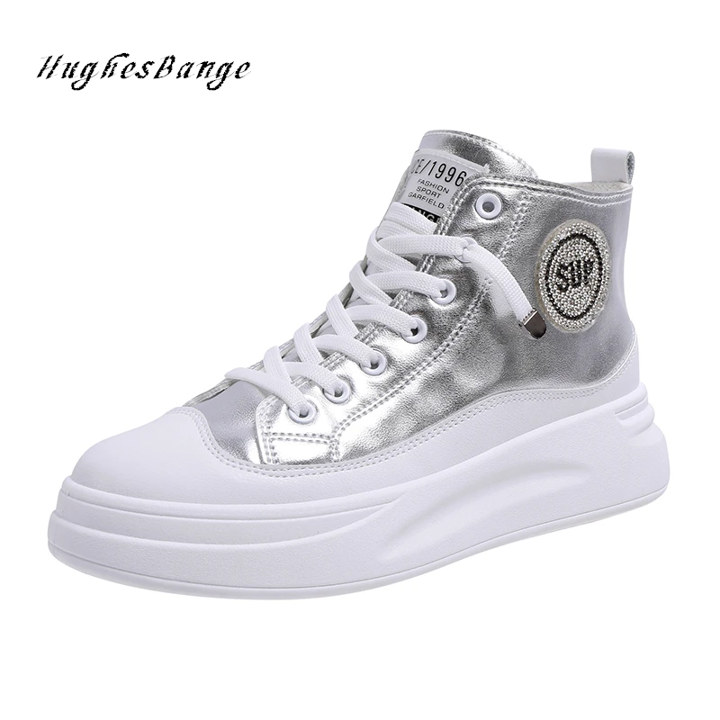 Модная женская обувь с высоким верхом на плоской подошве со стразами Спортивная