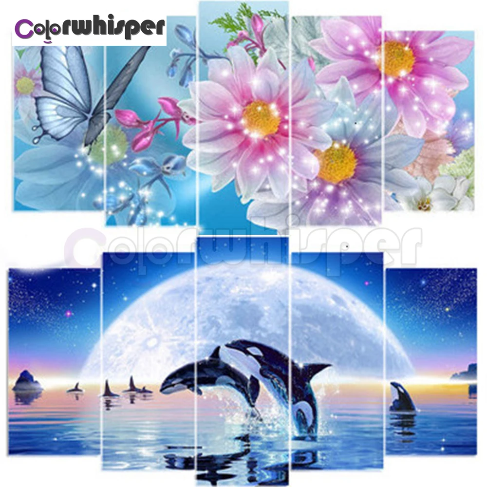 

5PCS Diamond Painting 5D Full Square/ Round Drill Dolphin Moon Scenery Butterfly Flower 3D Daimond Mosaic Cross Stitch TH372