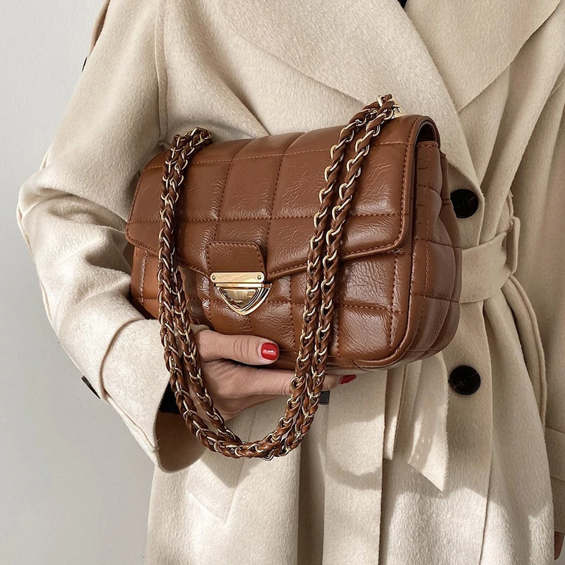 

2021 Fashion New Branded Trending PU Leather Women's Designer Handbag and Purses Chain Lattice Square Shoulder Crossbody Bag