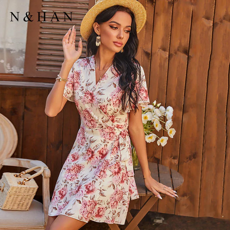 

Floral Print Summer Dresses for Women 2021 V Neck Short Sleeve Elegant Wrap Dress Bandage Beach Mini Sundress Robe Clothing