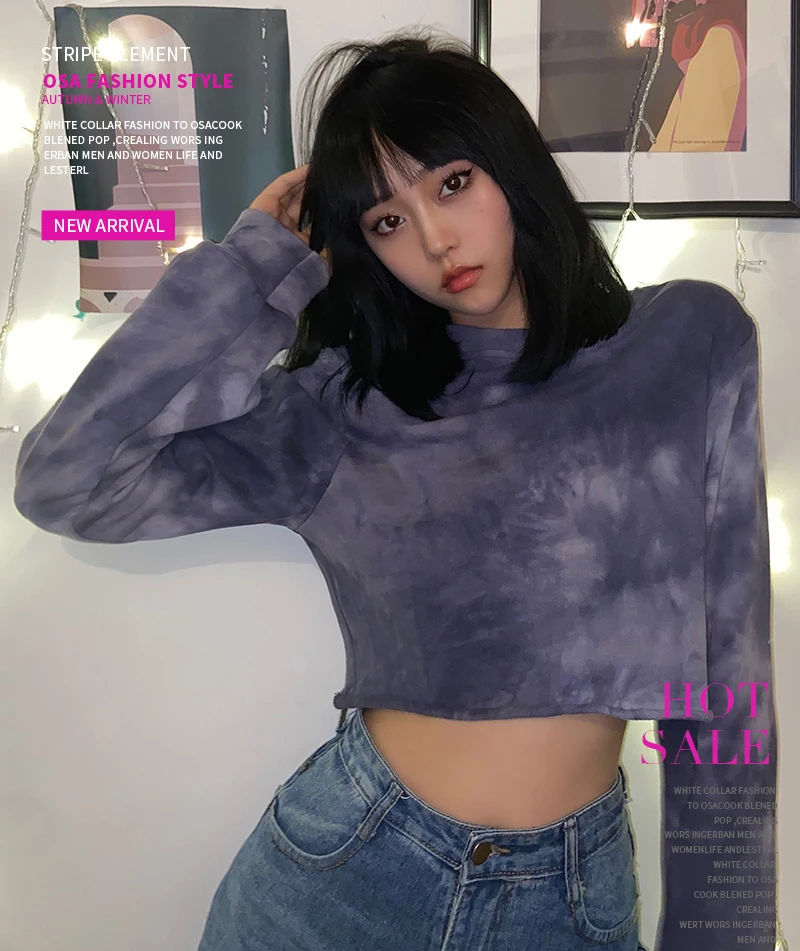 

Gagaopt Autumn Self-Made New Basic Version Cropped Top Women's Tie-Dyed Curling Sweater round Collar Fashion
