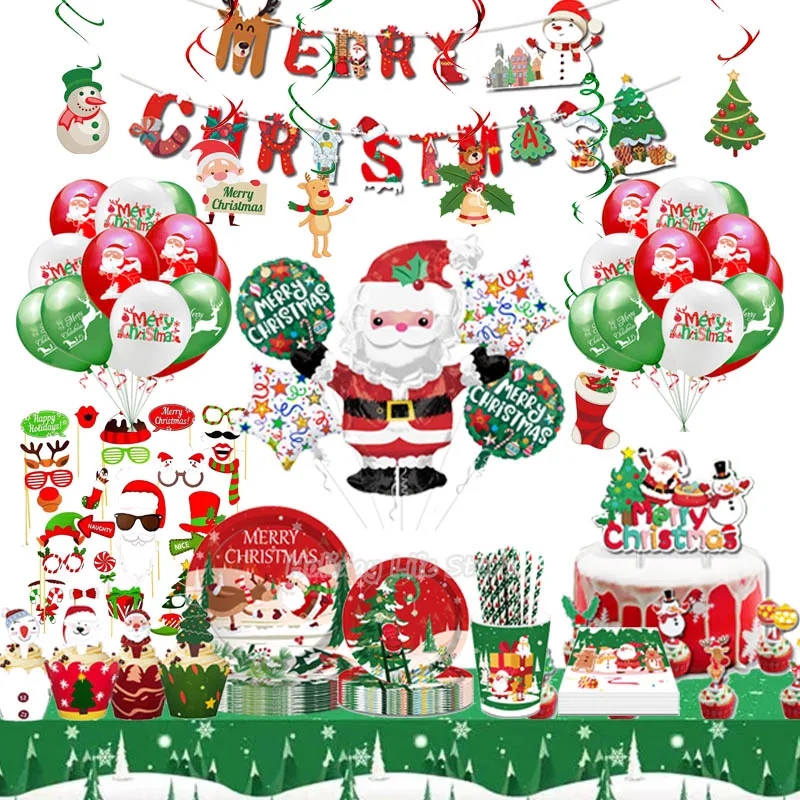 Vajilla desechable navidad decoraciones para el hogar, plato de globos, servilletas, accesorios para fotos, pastel, adornos de navidad, 2021, tarjeta postal de Santa Claus, 2021-0
