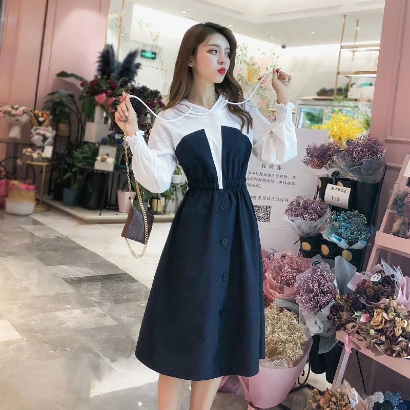 

HAYBLST Brand Hooded Dress Women 2019 New Autumn Plus Size XL Korean Style Kawaii Clothing Fashion Patchwork Long Sleeve Dresses