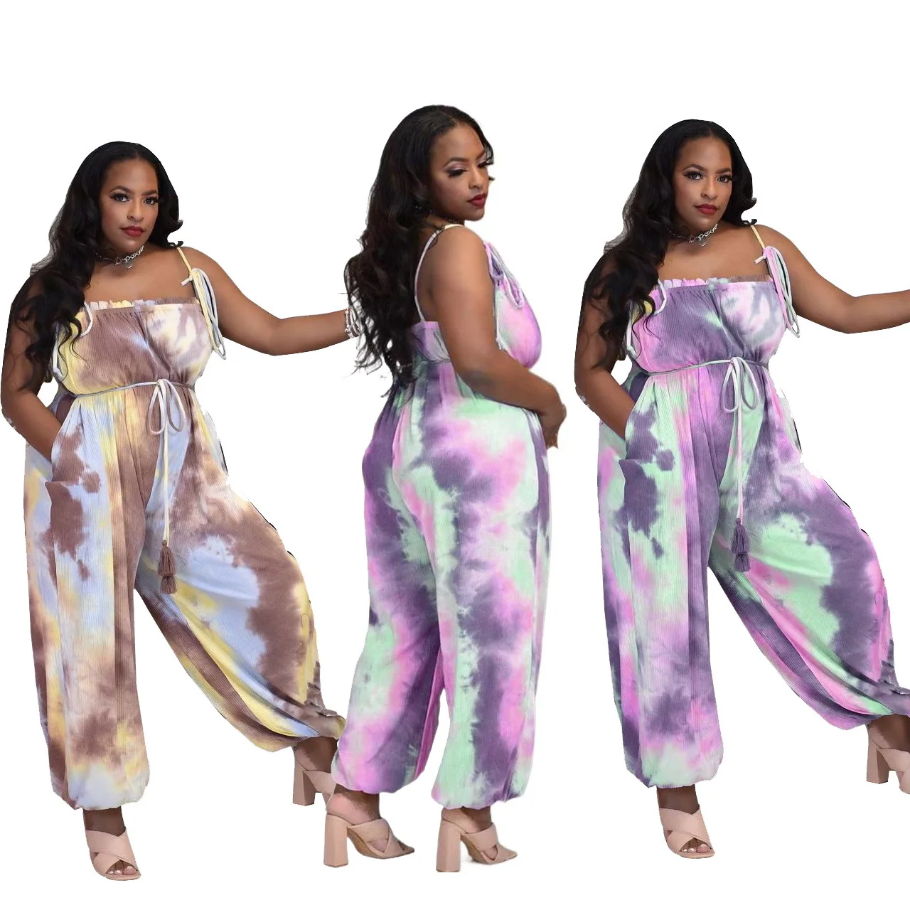 

Tie-dye Printing Women Plus Size Loose Jumpsuits 2021 Summer Sleeveless Spaghetti Strap Lace-up High Waist Ottoman Rompers