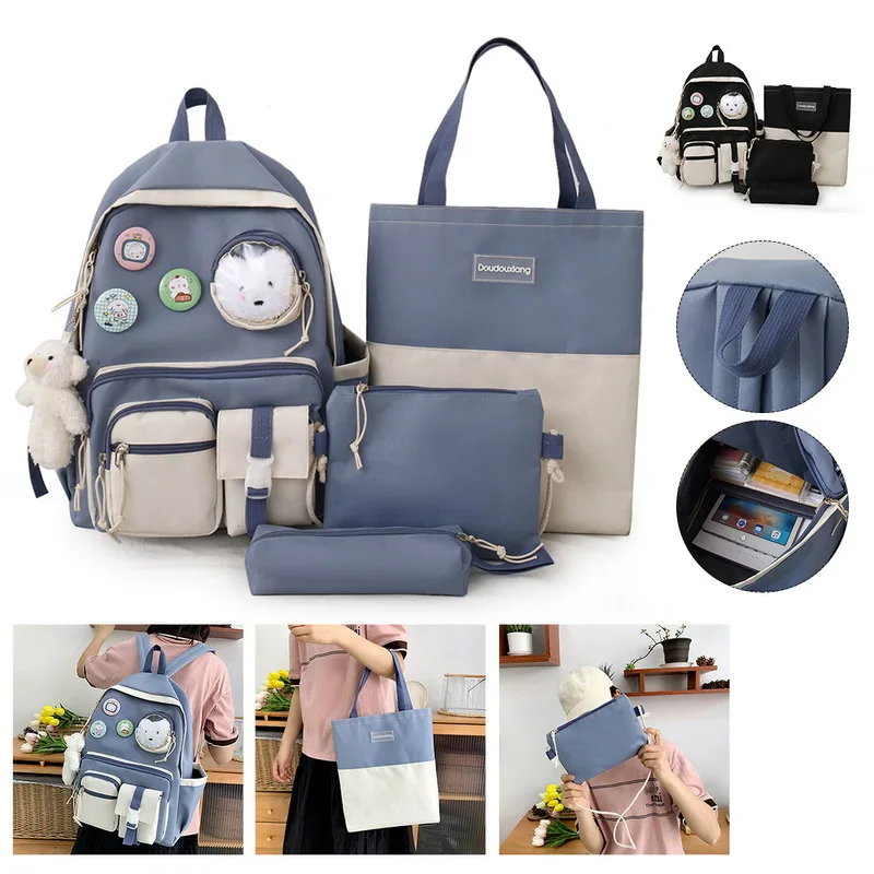 

5 Pcs Sets Canvas Schoolbags For Teenage Girls Women Backpack Canvas Kids Primary School Bag College Student Laptop Backpacks