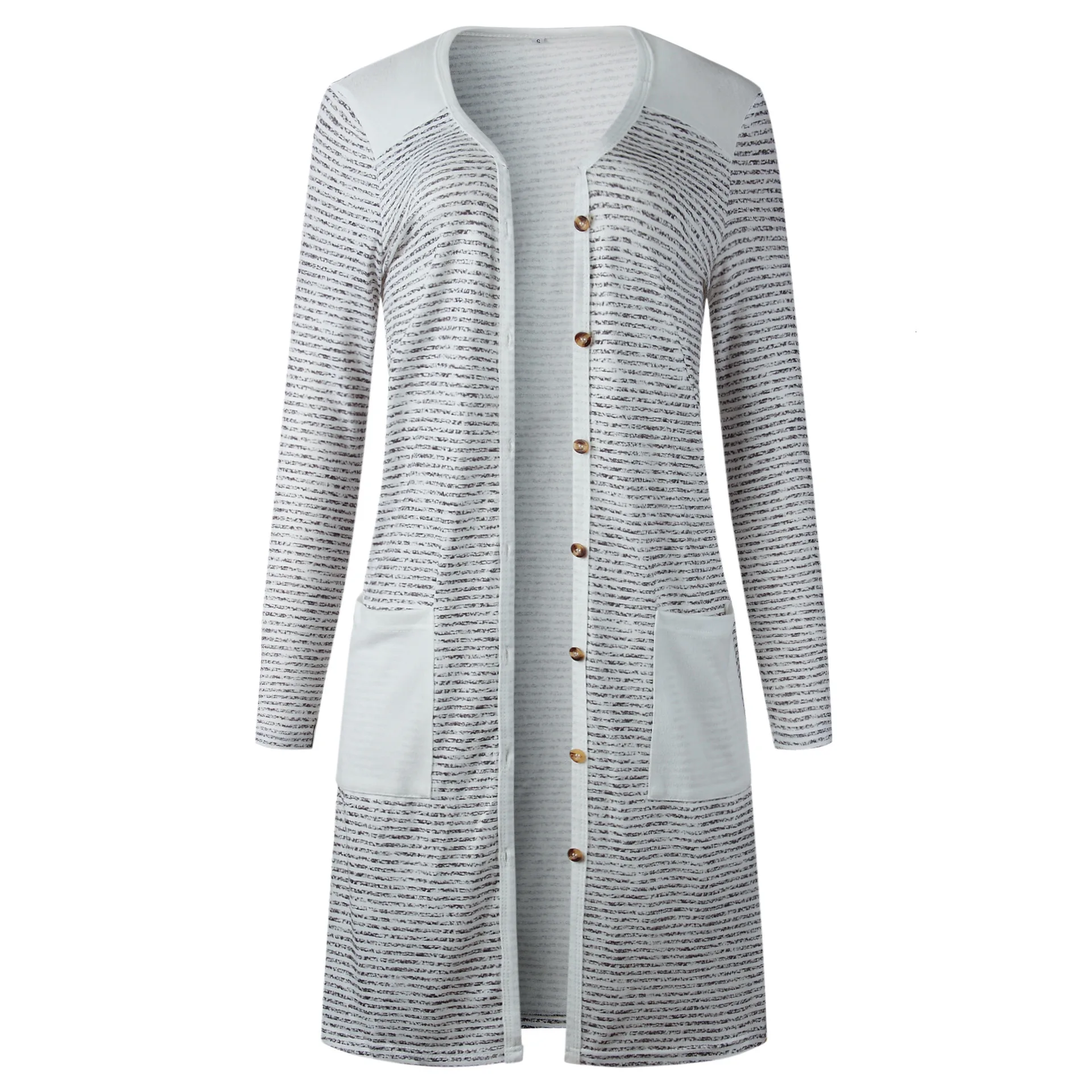 New Women Knitted Buton Cardigans Jackets Casual Striped Cardigan Coat Long Sleeve Pocket Sweater Outerwear Female |