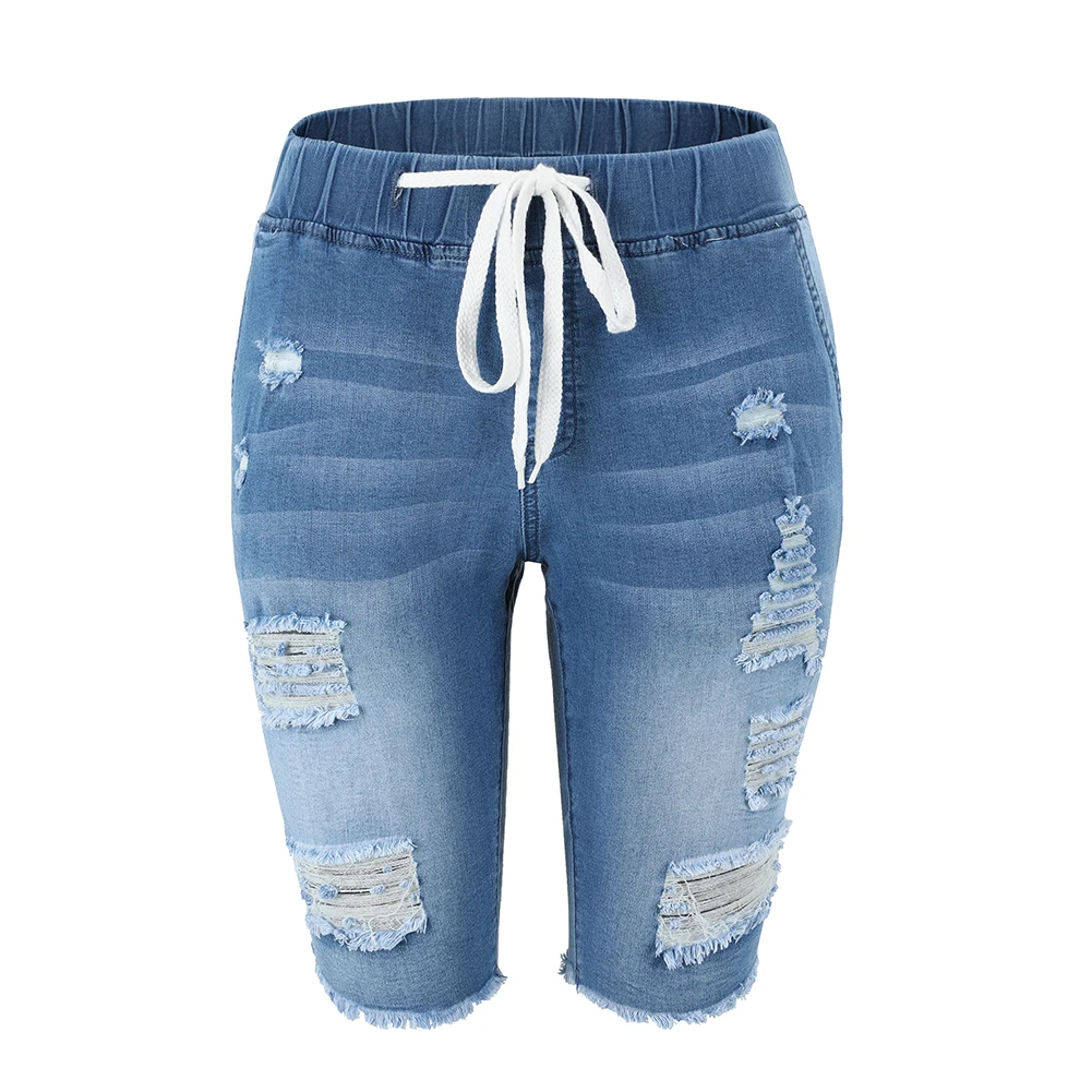 Женские рваные шорты-бермуды, синие потертые джинсовые шорты до колена с завязкой на шнурке, лето 2021