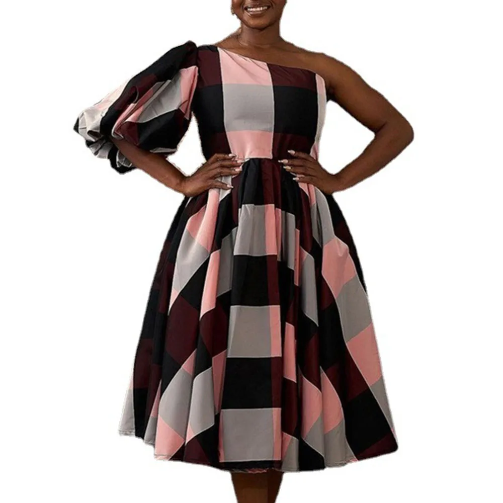 

Autumn 2021 New Lattice African Europe America Fashion Temperament One Shoulder Women's Dress High Waist Sexy Strapless