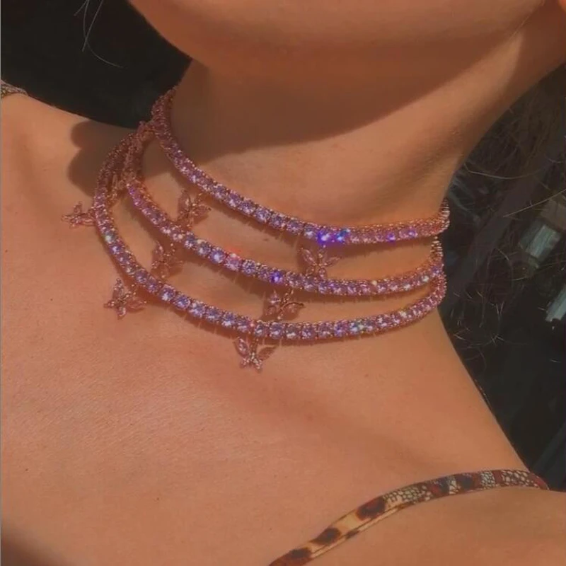 

Розовая бабочка с 5 мм cz цепочка для тенниса колье ожерелье со льдом шикарные хип-хоп Роскошные Модные Изящные cz женские ювелирные изделия
