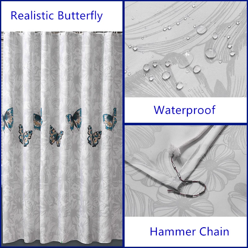 Большая широкая занавеска для душа Butterfly s ванной с 12 крючками водонепроницаемая