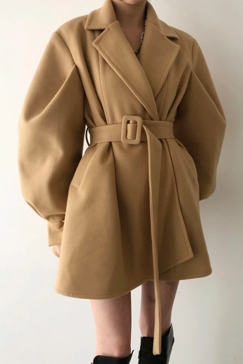 

Autumn and Winter French Vintage Solid Notched Belt Slim Lantern Sleeve Clip Cotton Warm Wool Coat Woman
