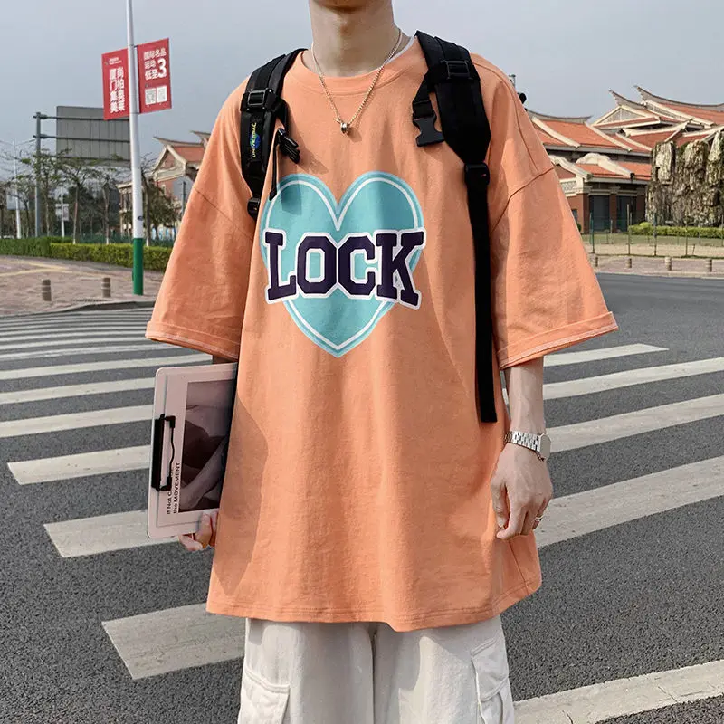 

Men's short-sleeved T-shirts 2021 summer new round neck pullover print top L loose casual middle-sleeved T-shirt campus youth