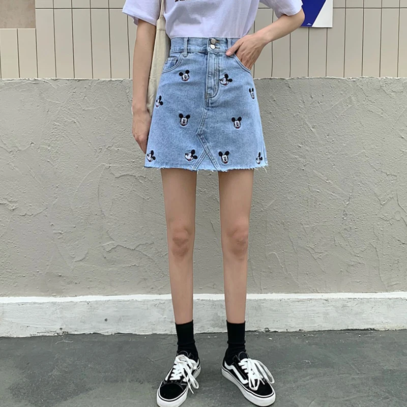 

Disney Brand Mickey Embroidery Mini Skirts Woman 2021 Summer Korean Low Waist A Line Denim Skirt Sexy Jeans Skirts Faldas Mujer