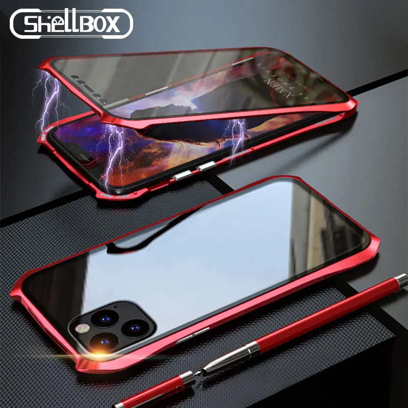 Чехол Shellbox Магнитный из закаленного стекла для iPhone 11 Pro Max Металлический бампер с