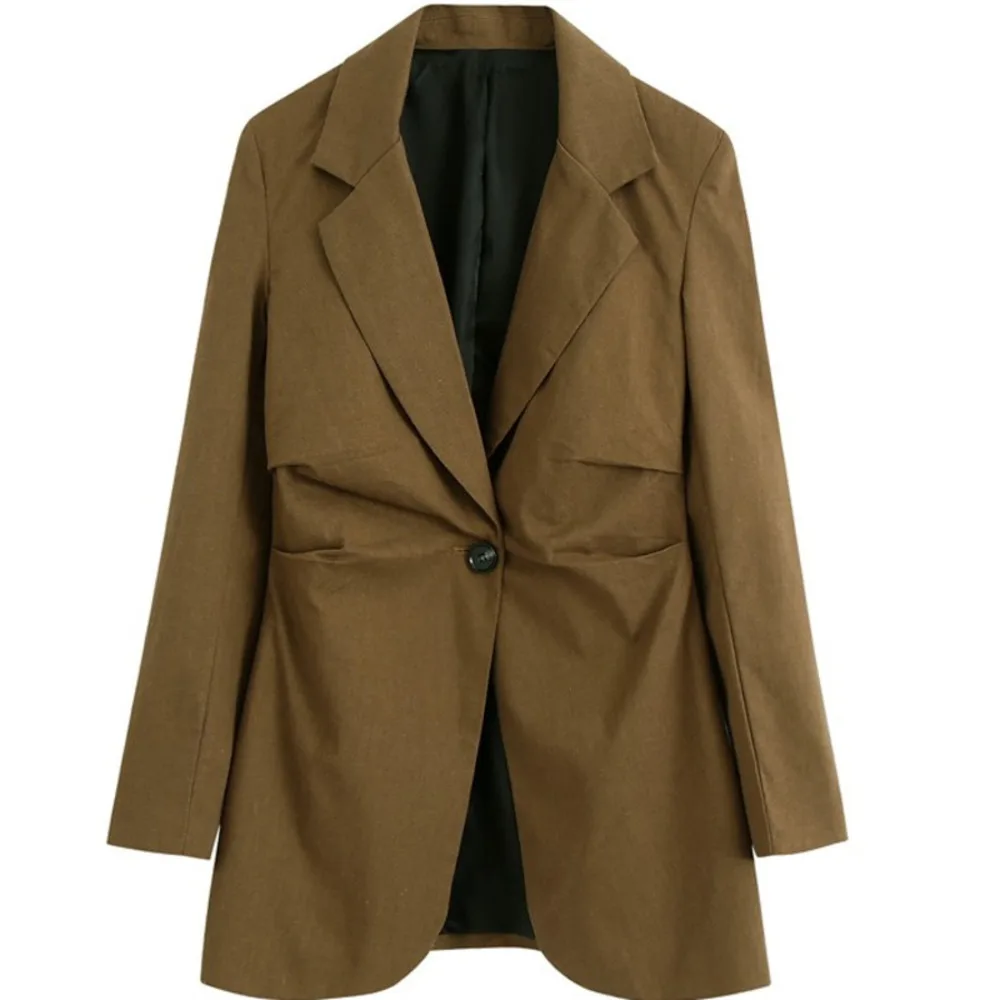 

Autumn 2020 New slim Ladies Suit Solid British Style Linen Ladies Blazer One Button Pleated Casual Women Coat QB190