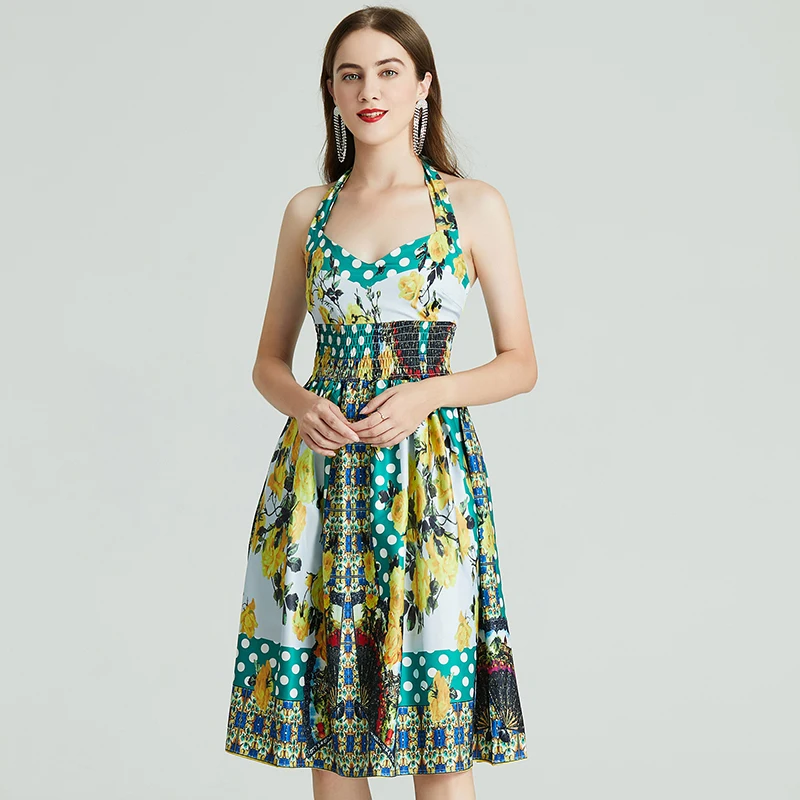 Женское хлопковое платье средней длины модельное на бретелях спагетти с