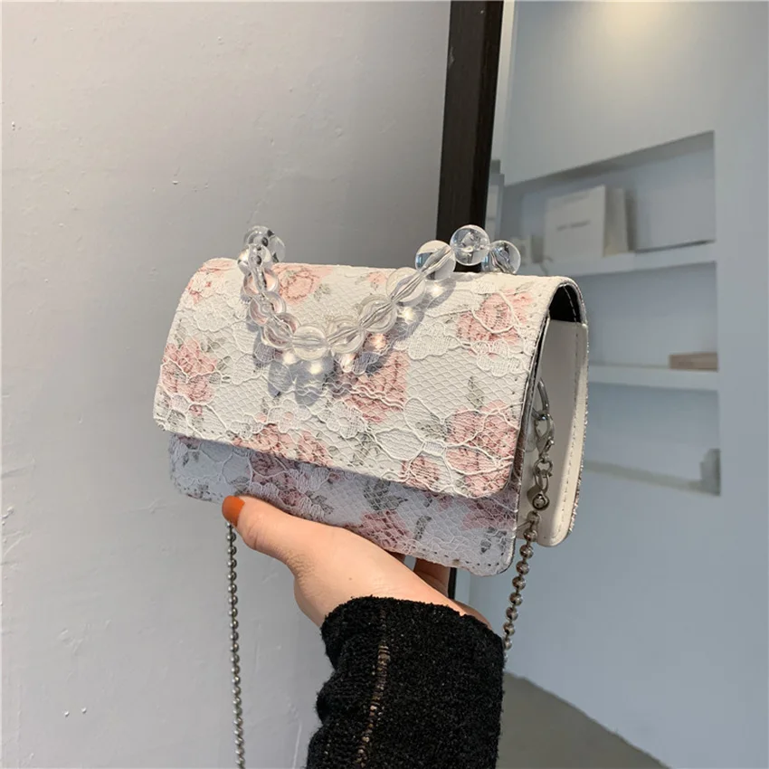 

Flower Lace PU Shoulder Crossbody Women Jacquard Bag Retro Mini Bead Flap Purse Mini PU Leather Shoulder Bags for Women