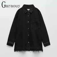 garaouy 2021 new women spring autumn black denim shirts jacket coats long sleeve pocket female vintage jacket tassel coat za