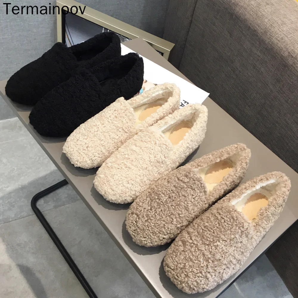 

Termainoov Women Flats Winter Warm Shoes Thick-soled Round Head Plus Velvet Concise Fur Shoes Indoor Slidders