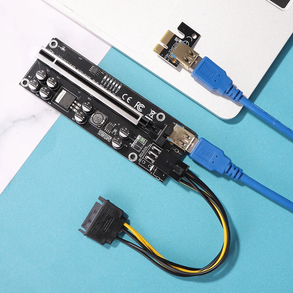 

PCIe 1X to PCI Express 16X SATA 15-pin to 6-pin Power Cable Riser Card Extender Riser Adapter Card SATA Power