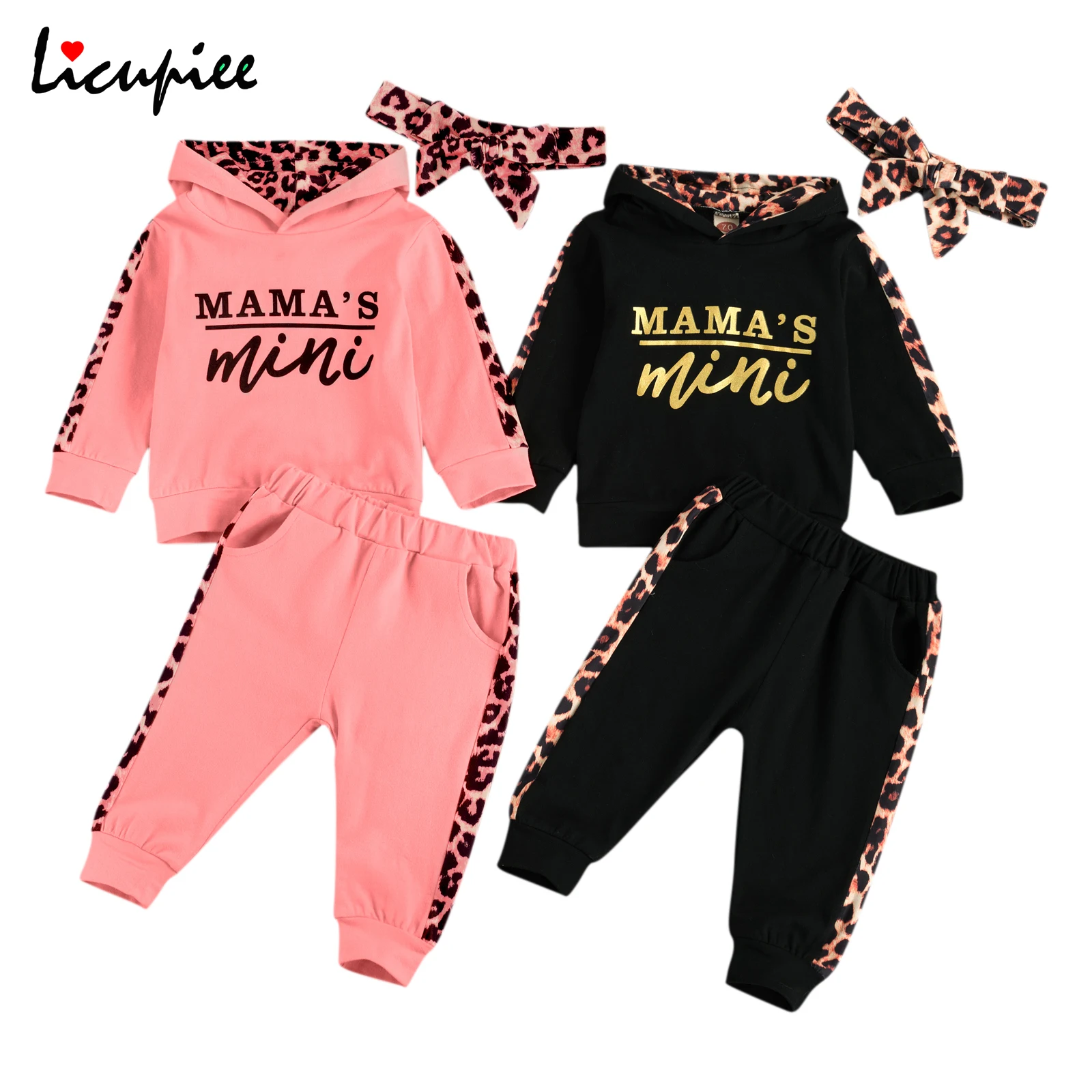 

Girl\u2019s Long-sleeved Trousers Suit Unique Letter Hooded T-shirt Leopard Stitching Long Pants and Headband 0-24 Months