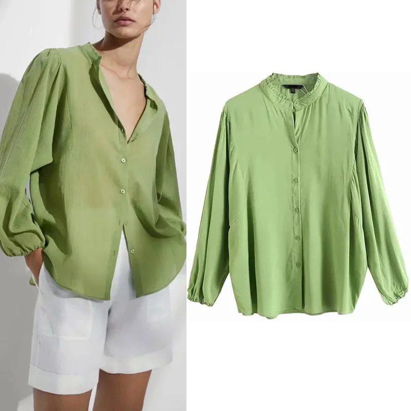 

2021 New Women's Green Cotton Shirts Long Sleeve O-Neck Loose Fit Shirts Solid Color Blouse Comfortable Tops Female Streetwear