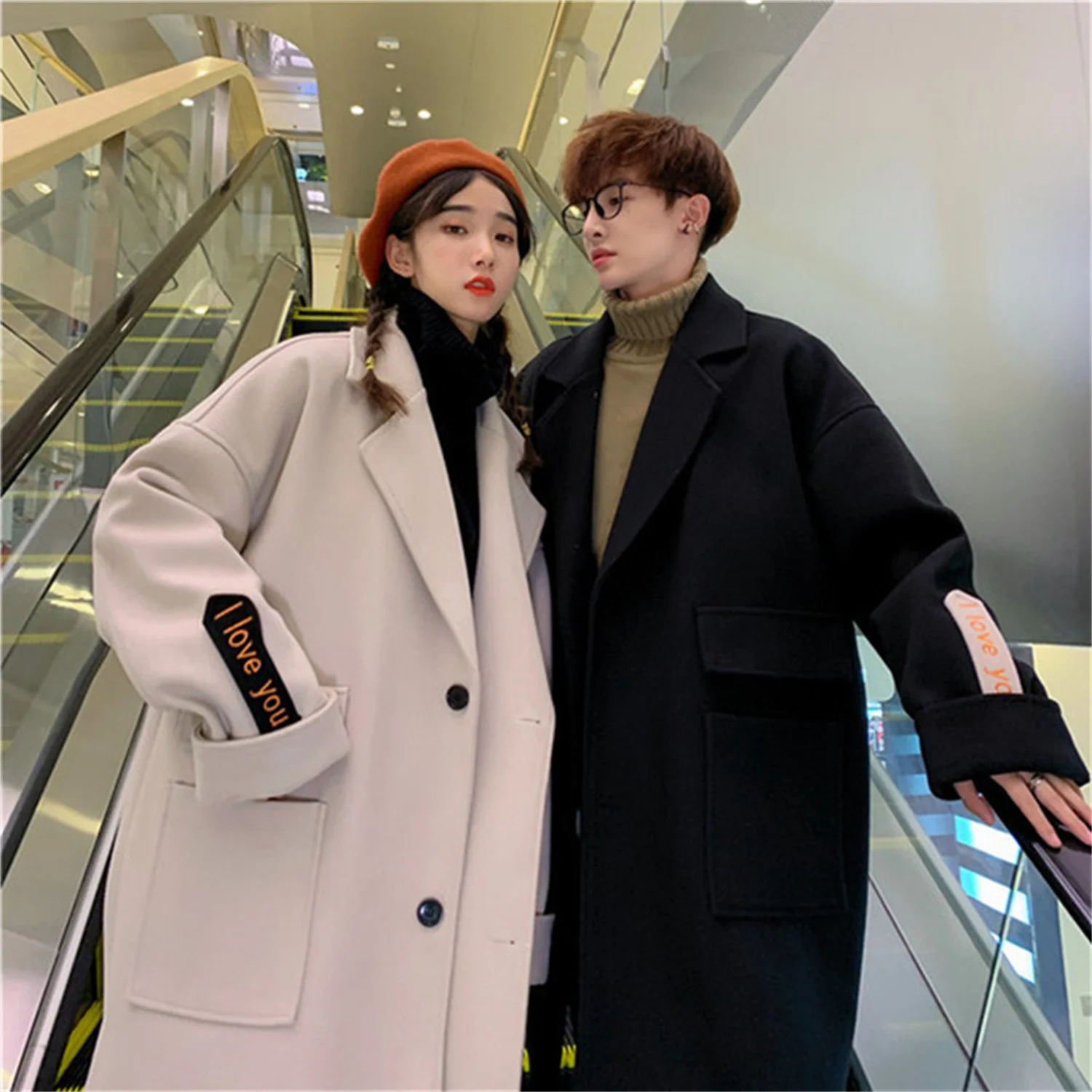 

Autumn and winter windbreaker men's mid-length trend handsome couple woolen coat men's loose Korean trend woolen coat