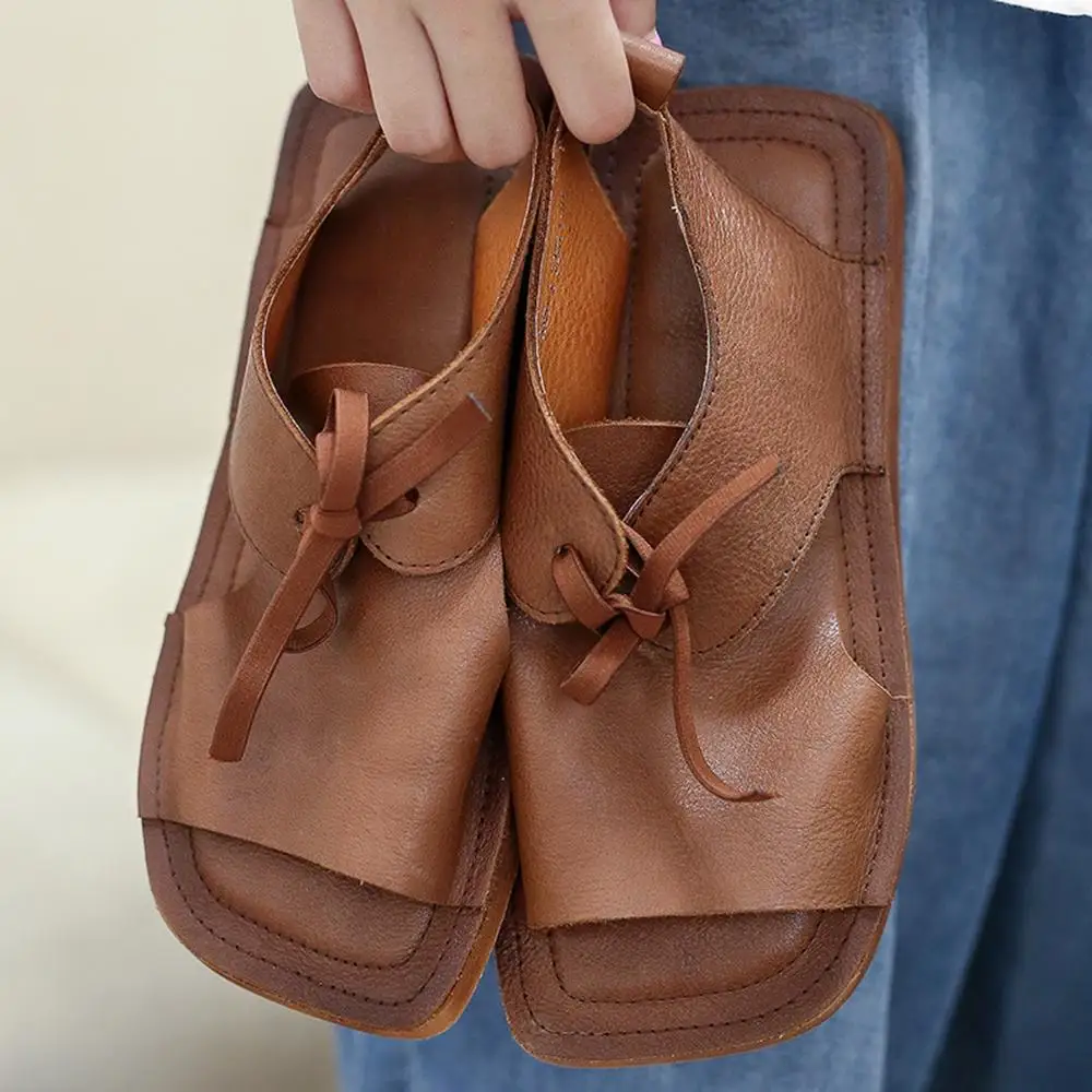 

2021 Designer Summer Shoes Genuine Leather Sandals Square Toe Retro Flats Coffee/Brown