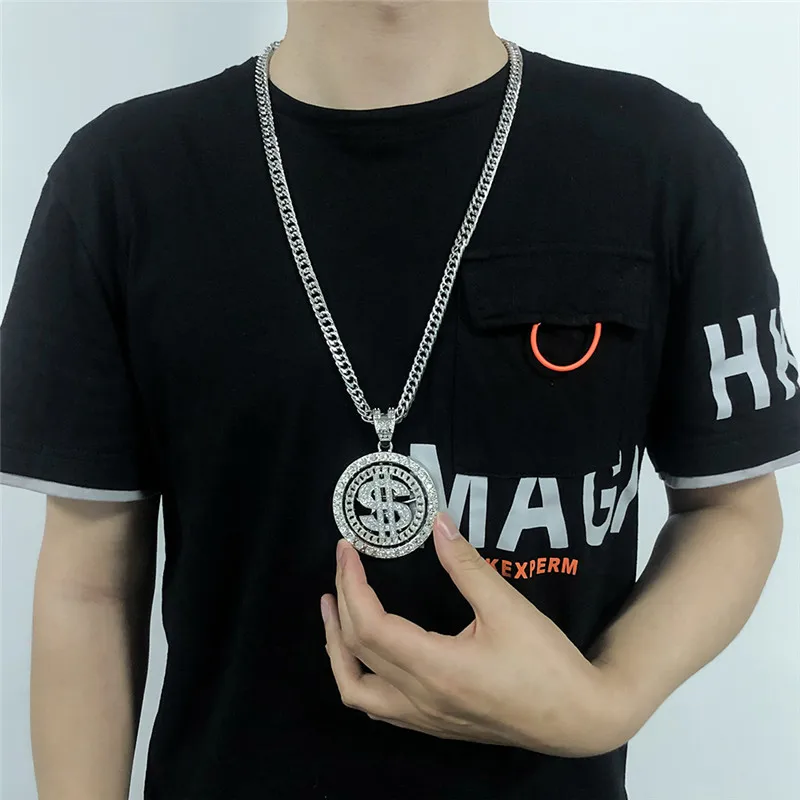 Hip Hop Gold Silver Color Rotating Dollar Pendant Long Necklace Rhinestone Men Boy Jewelry Disc Accessories | Украшения и