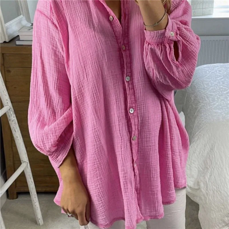 

Women T Shirt Casual Solid Cotton Linen Shirts Fashion Long Sleeve Loose Top Casual Turn Down Collar Button Cardigan Blouse