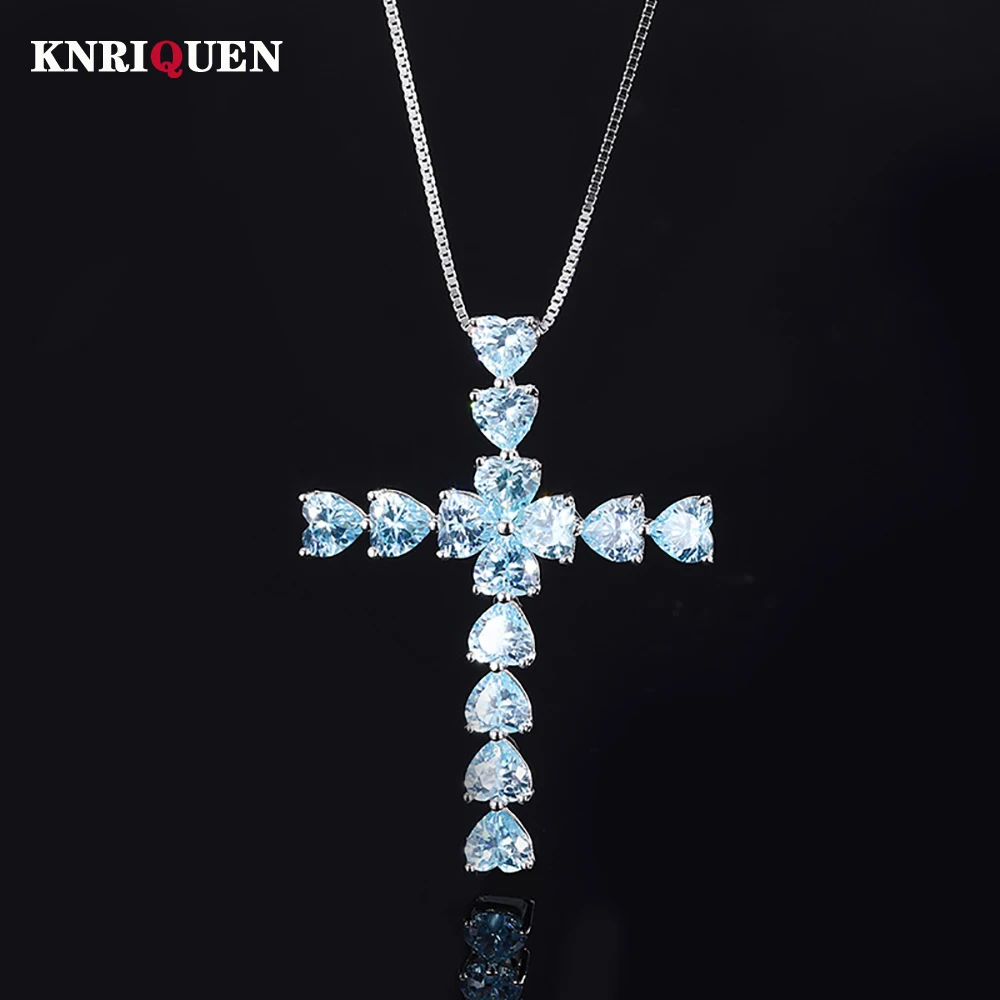 

2022 Новое поступление 100% Серебро 925 пробы в форме сердца Аквамариновый драгоценный камень крест кулон ожерелье для женщин Подвески для вечер...