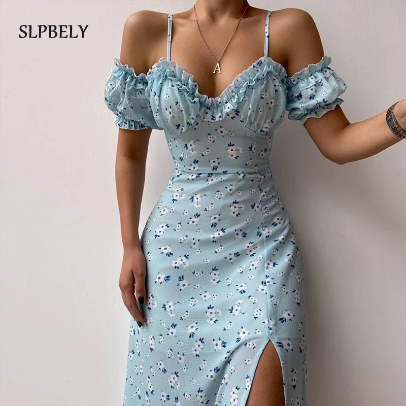 

SLPBELY Floral Sling Midi Party Dress For Women Summer Sexy Spaghetti Strap Split Puff Sleeve Club Dress Vacation Dress Vestido