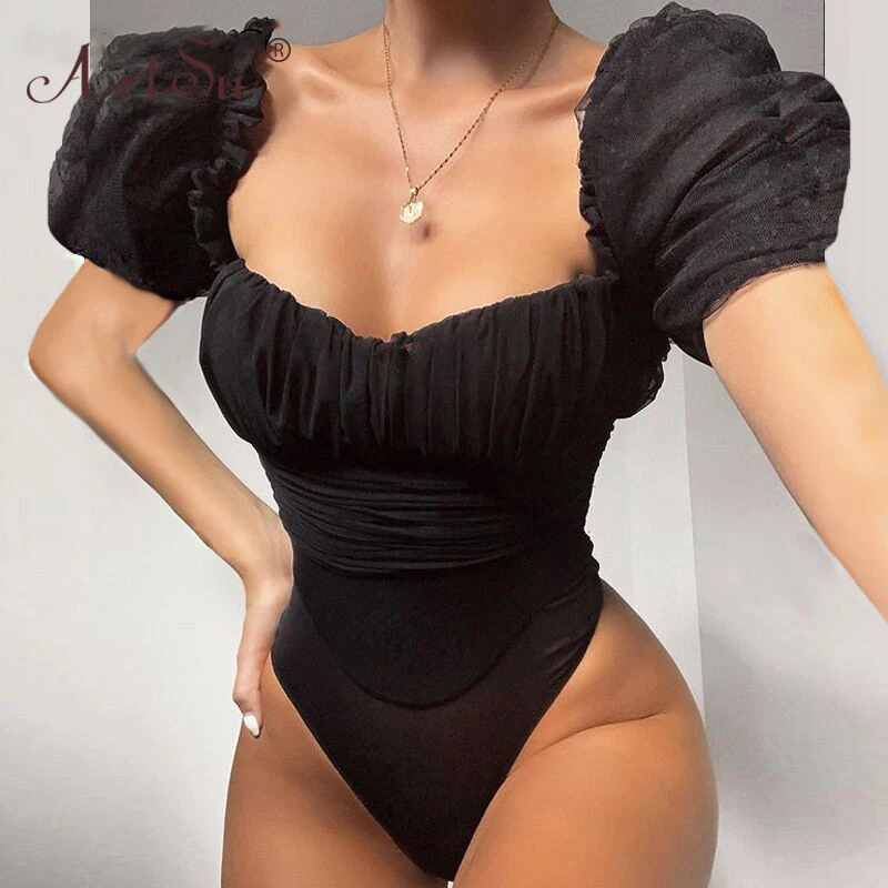 Женское Сетчатое боди в горошек ArtSu черный облегающий комбинезон с открытой