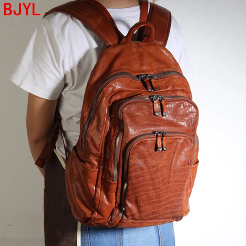

Luxury Vintage Leather Men's Backpack Genuine Leather Male Travel Bag Soft Casual Computer Bags Large Capacity Travel Men Solid