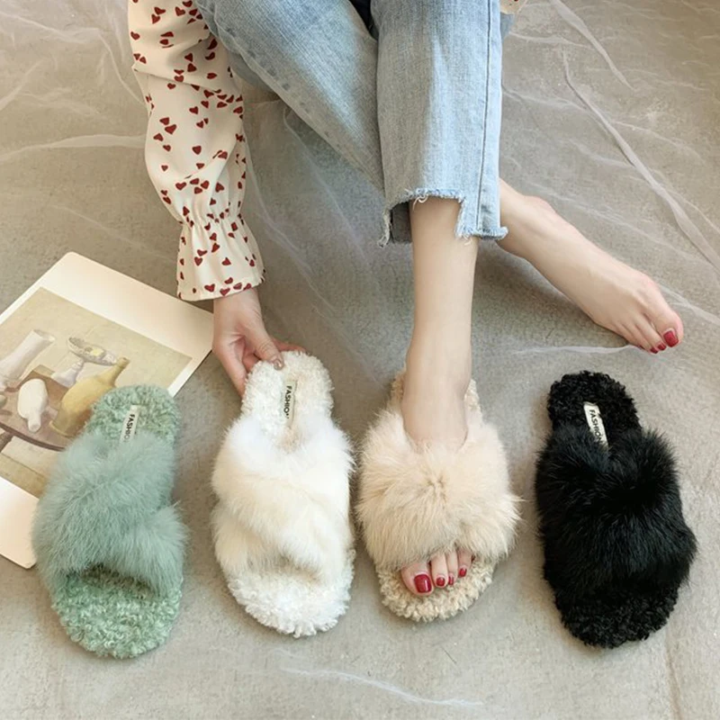 

2020 Ladies Fur Slides Fashion Criss-Cross Woman Slippers House Fluffy Autumn Winter Lazy Curly Plush Fuzzy Slippers For Womens