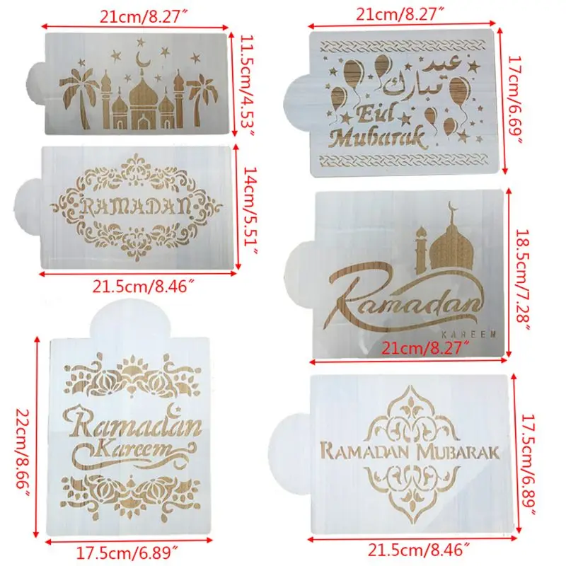 

6Pcs/Set Eid Mubarak Ramadan Coffee Flower Spray Stencils Cake Decorating DIY Template Sugar Powder Sieve