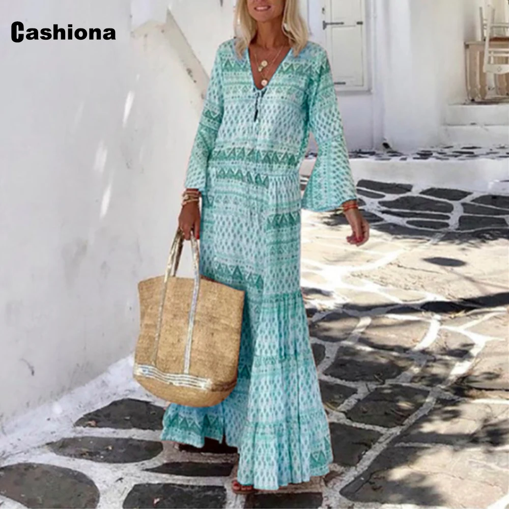 

Cashiona Plus Size Women Elegant Long Dress Flare Sleeve Boho Print A-line Party Dresses 2021 Summer Ladies Vintage Maxi Dress