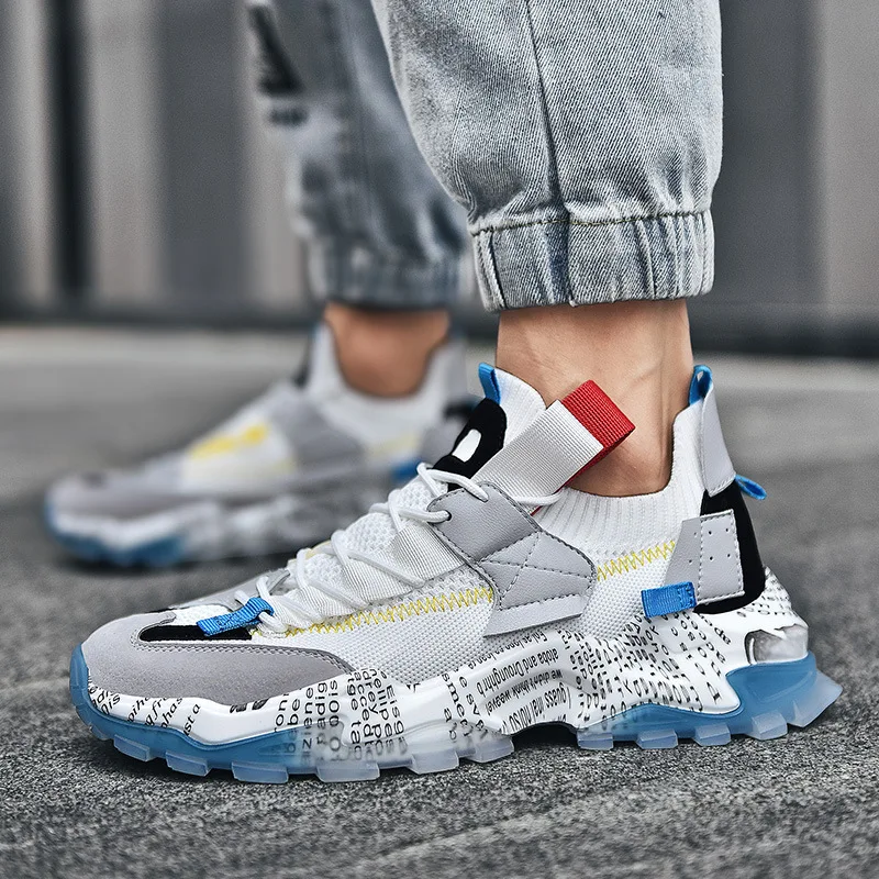 

Men's Shoes Color Matching Casual Sports Shoes Gray Daily Breathable Flying Woven Low-Top Socks Shoes Men's Thick-Soled Old Shoe