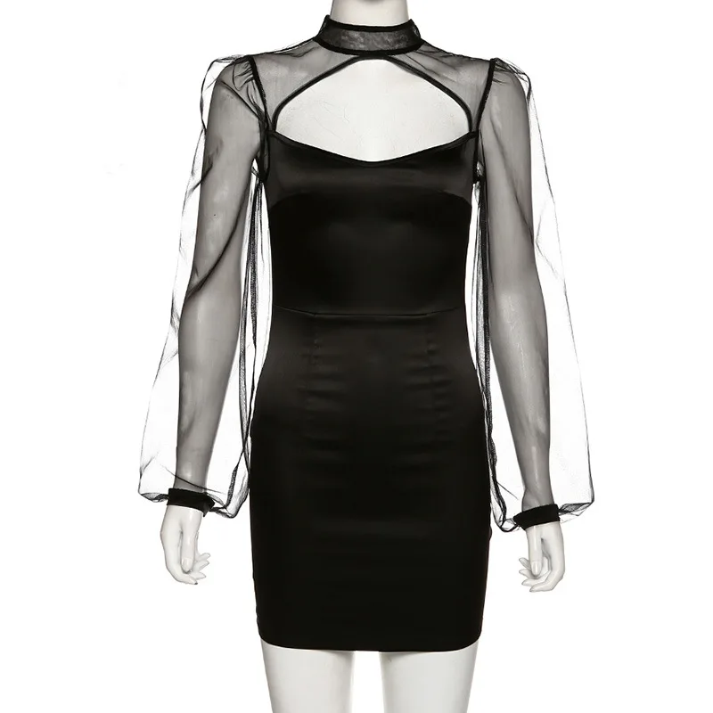 MONMOIRA Сетчатое лоскутное платье-футляр с пышными рукавами женское осеннее